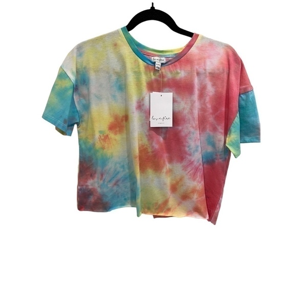 love, Fire Tops - 𝅺love Fire Cropped Top Tie Dye Rolled Hem Short Sleeve Watercolor NWT  XL